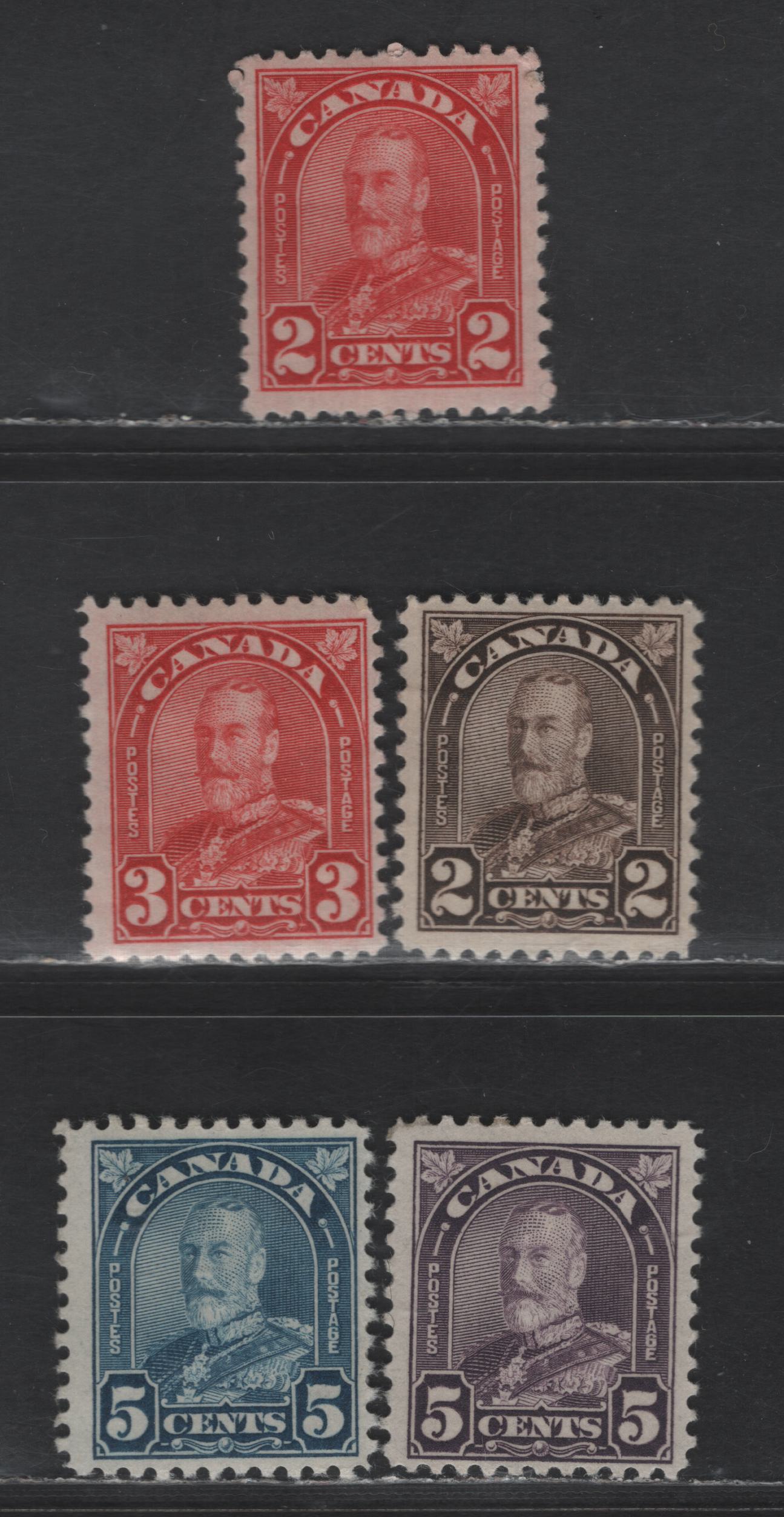 Lot 119 Canada SC#165a, 166-167, 169a, 170i 2c - 5c Red - Milky Blue King George V, 1930-1931 Arch/Leaf Issue, 5 FOG Singles, Die 2 For 2c Red