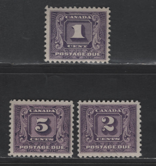 Lot 134 Canada SC#J6i, J7i, J9i 1c - 5c Dull Violet - Rosy Violet Numeral, 1930-1932 Second Postage Due, 3 FNH SIngles, Cream Satin Gum & Deep Cream Semi Glossy Gum