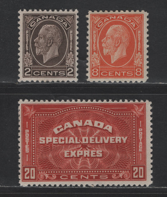 Lot 138 Canada SC#196, 20, E5 2c - 20c Dark Brown - Deep Red King George V - Design, 1932 Medalion - Special Delivery Isue, 3 FOG Singles