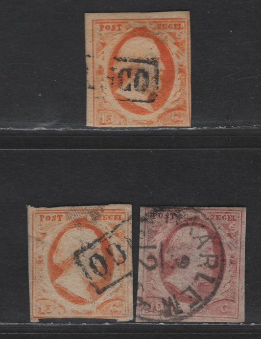 Lot 166 Netherlands SC#2a, 3, 3a 10c - 15c Deep Rose Red, Orange Yellow & Deep Orange Yellow King William III, 1852 King William III Issue, 3 Very Good/Fine Used Singles 3a has Clear Margins On 3 Sides, Just In Along Bottom