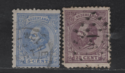 Lot 189 Netherlands SC#23a, 30 (NVPH 10E, 26E) 5c - 25c Ultramarine - Dull Violet King William III, 1872-1888 King William III Issue, 2 Fine Used Singles, Perf 11.5x12, Small Holes