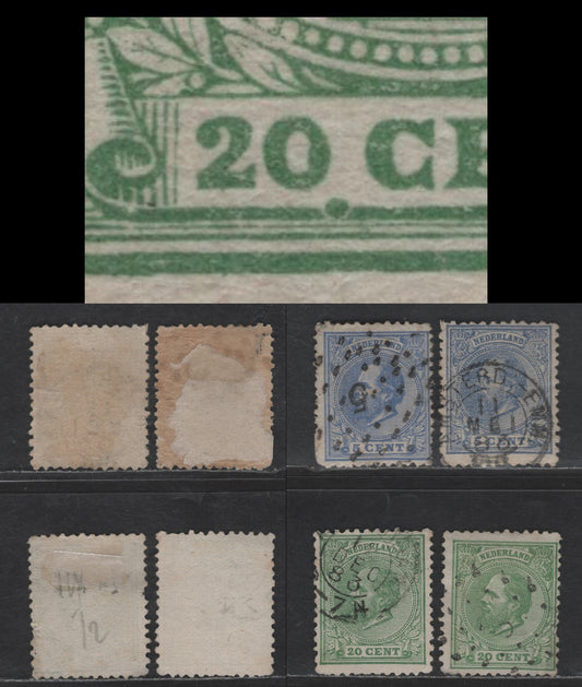 Lot 190 Netherlands SC#23, 23a, 28 (NVPH 19J, J4J) 5c - 20c Blue - Green King William III, 1872-1888 King William III Issue, 4 Fine Used Singles, Perf 11.5x12, Large Holes