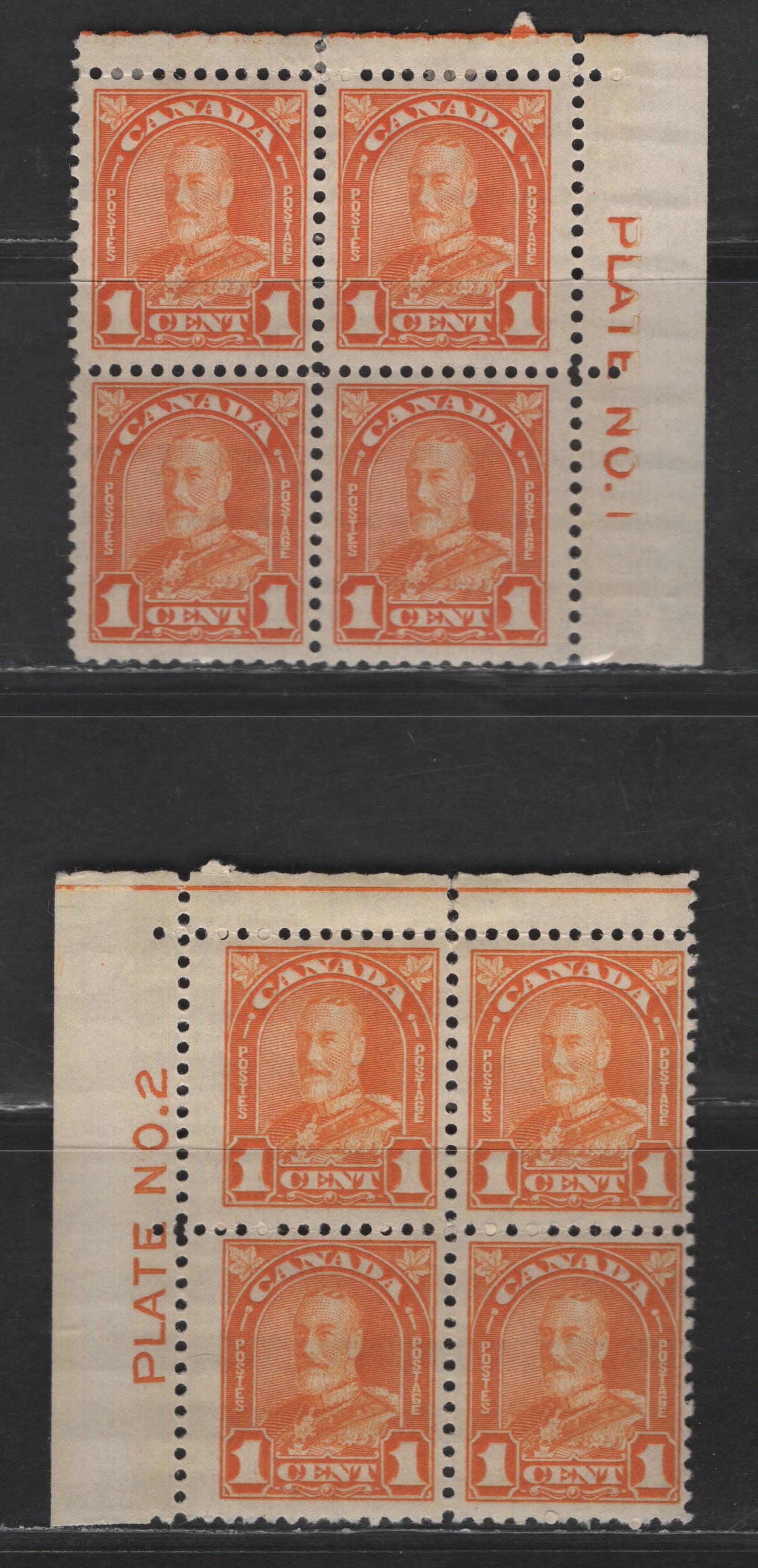 Lot 2 (C) Canada SC#162 1c Orange King George V, 1930-1931 Arch/Leaf Issue, 2 FOG Blocks Of 4, Plates 1 & 2