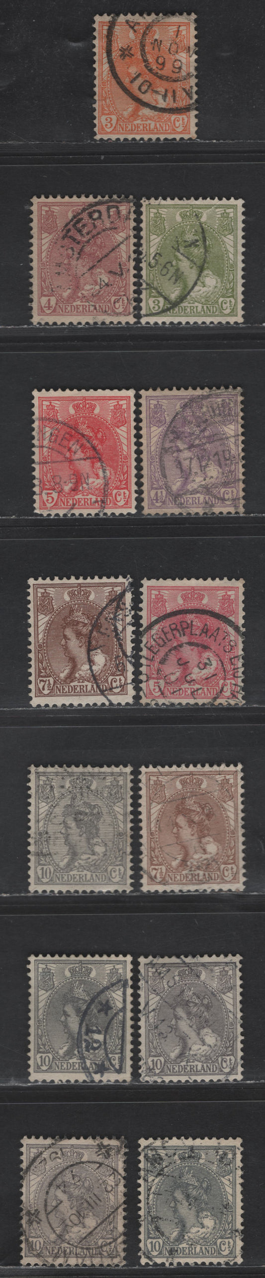 Lot 204 Netherlands SC#61-67, 65a, 110 3c - 10c Orange - Gray Lilac Queen Wilhelmina, 1898-1924 Queen Wilhelmina Issue, 9 Very Fine Used Singles, Listed & Unlisted Shades
