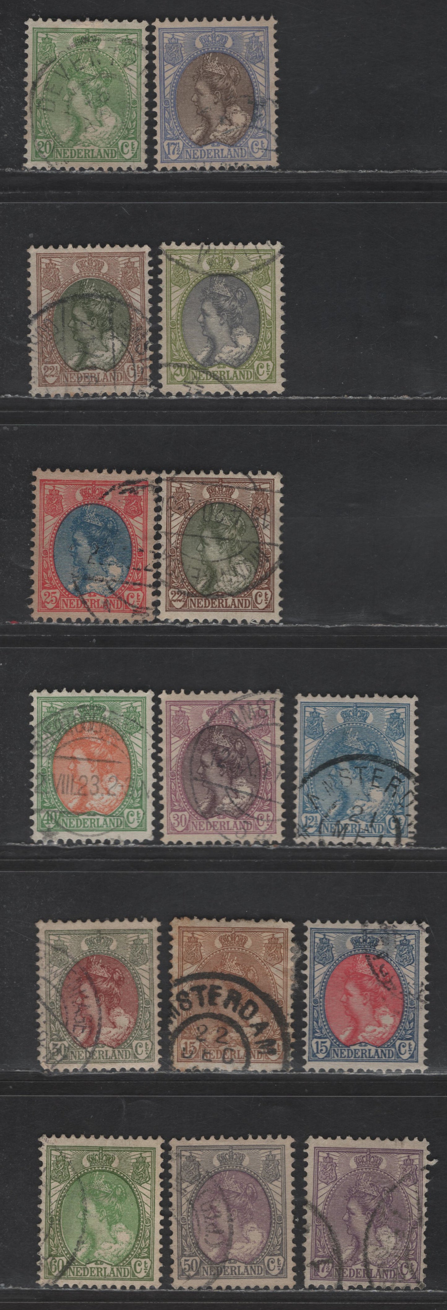 Netherlands SC#68-82 12.5c - 60c Blue - Olive Green & Green Queen Wilhelmina, 1898-1924 Queen Wilhelmina Issue, 15 Very Fine Used Singles, Includes 2 Shades Of 22.5c