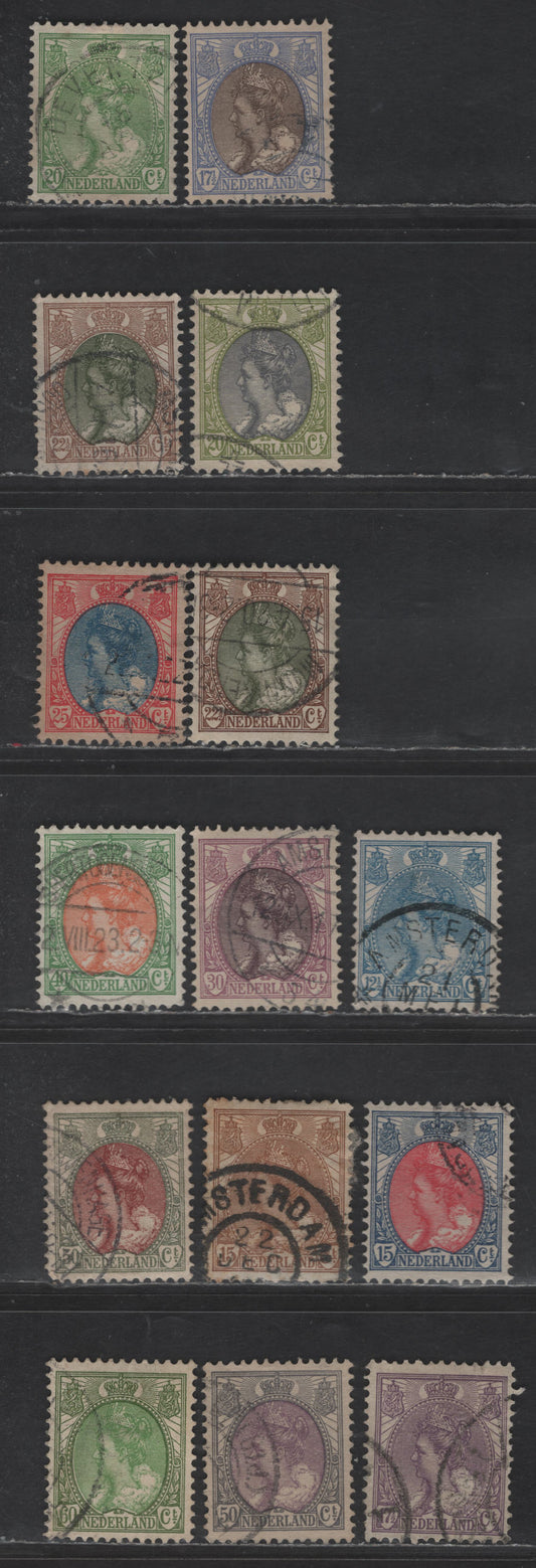 Netherlands SC#68-82 12.5c - 60c Blue - Olive Green & Green Queen Wilhelmina, 1898-1924 Queen Wilhelmina Issue, 15 Very Fine Used Singles, Includes 2 Shades Of 22.5c