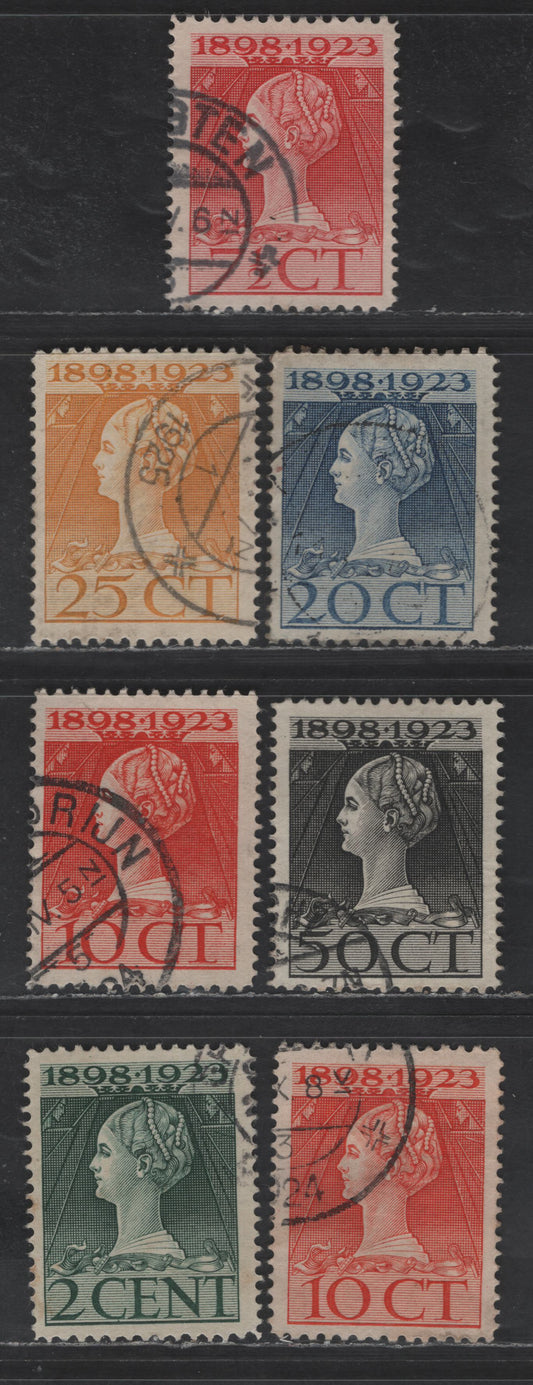 Netherlands SC#124, 126-129, 131 (NVPH 121H-128H) 2c - 50c Myrtle Green -Black Queen Wilhelmina, 1923 25th Anniv of Queen Wilhelmina's Ascension, 7 Very Fine Used Singles, Perf 11.5x12.5