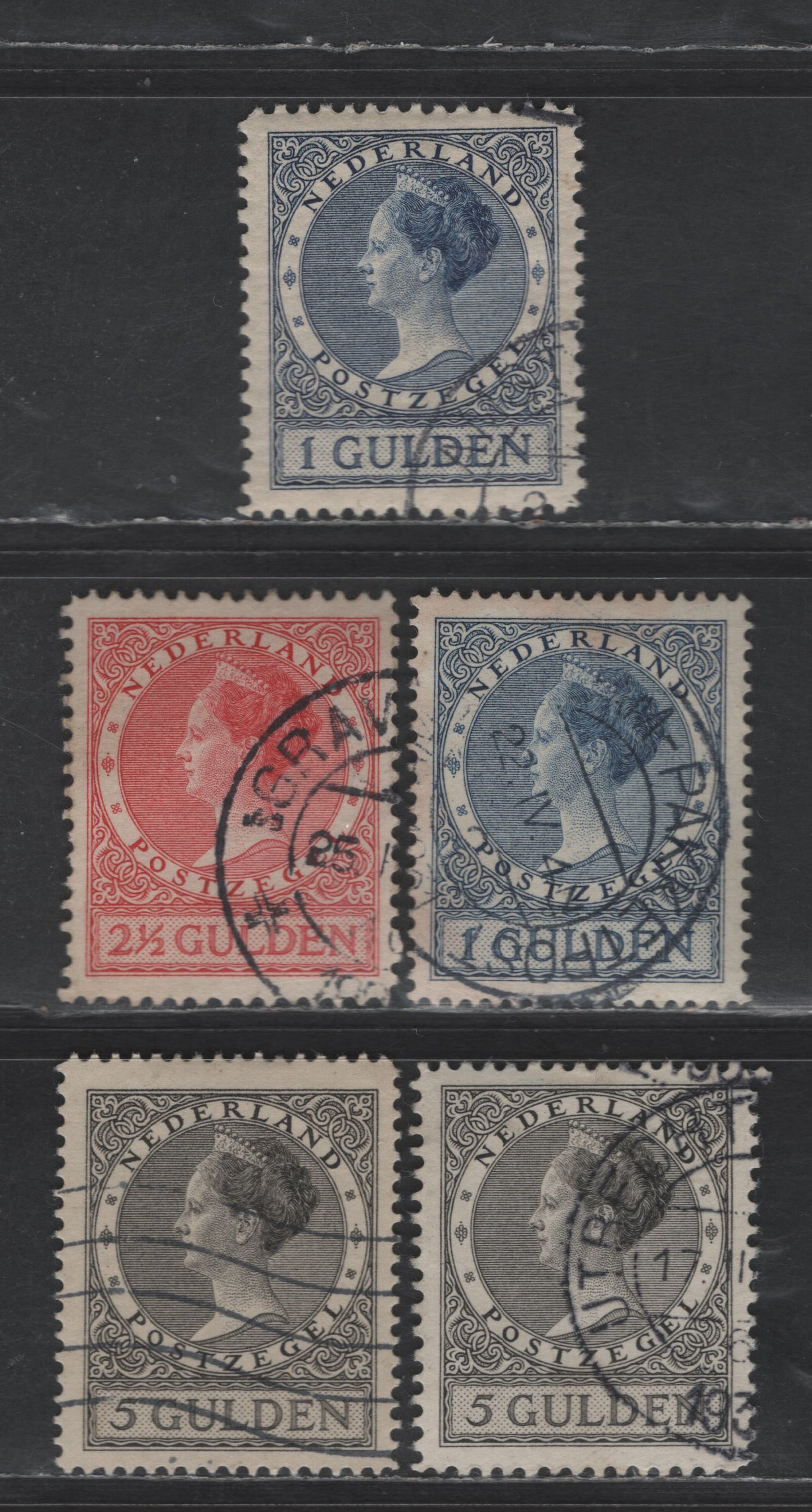 Lot 235 Netherlands SC#161-s, 162, 163-a 1g - 5g Ultramarine - Gray Black Queen Wilhelmina, 1925-1930 Queen Wilhelmina Issue, 5 Fine/Very Fine Used Singles