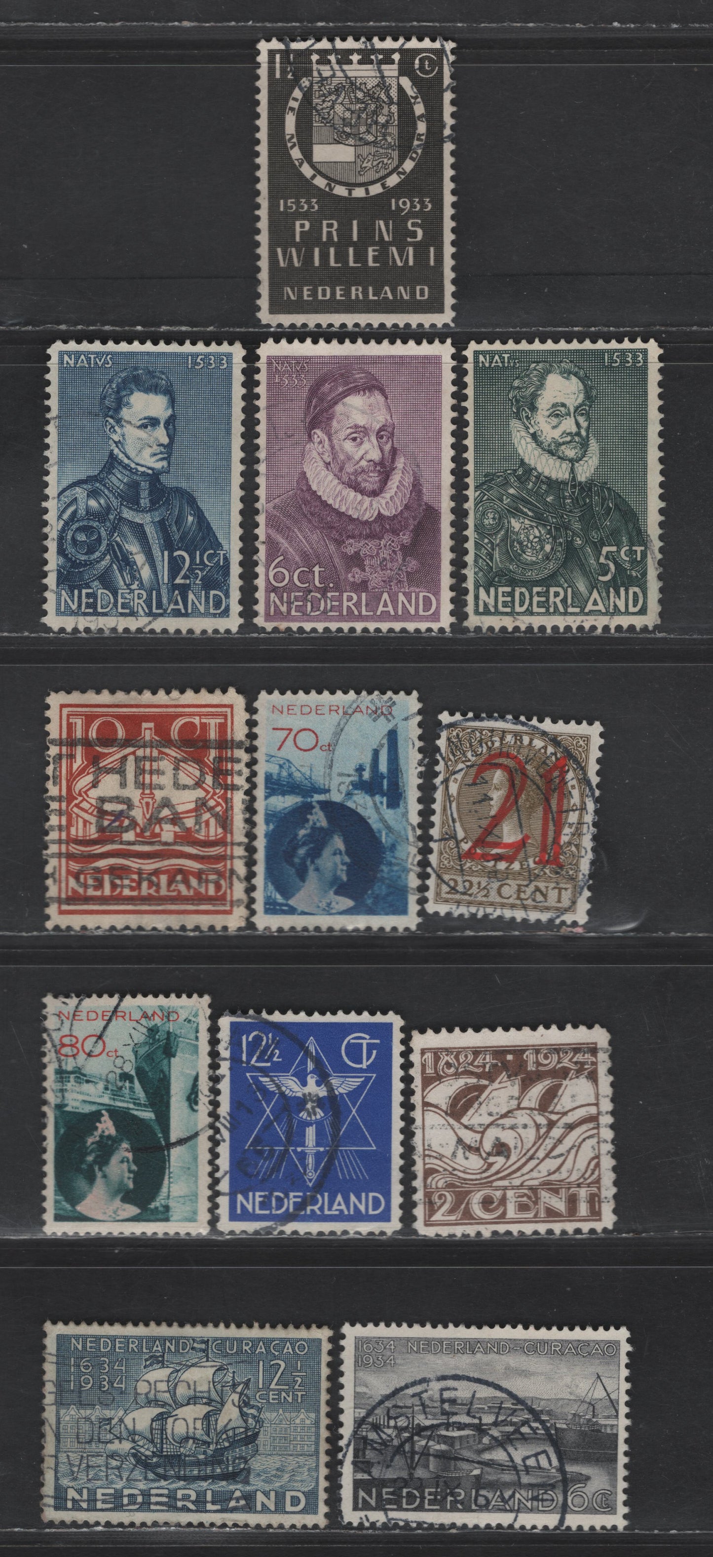 Netherlands SC#140-141, 194-203 2c - 12.5c Black Brown - Dull Blue Royal Dutch Lifeboat Society - Curacao Tercentenary, 1924-1934 Royal Dutch Lifeboat Society - Curacao Tercentenary Issues, 12 Fine/Very Fine Used Singles