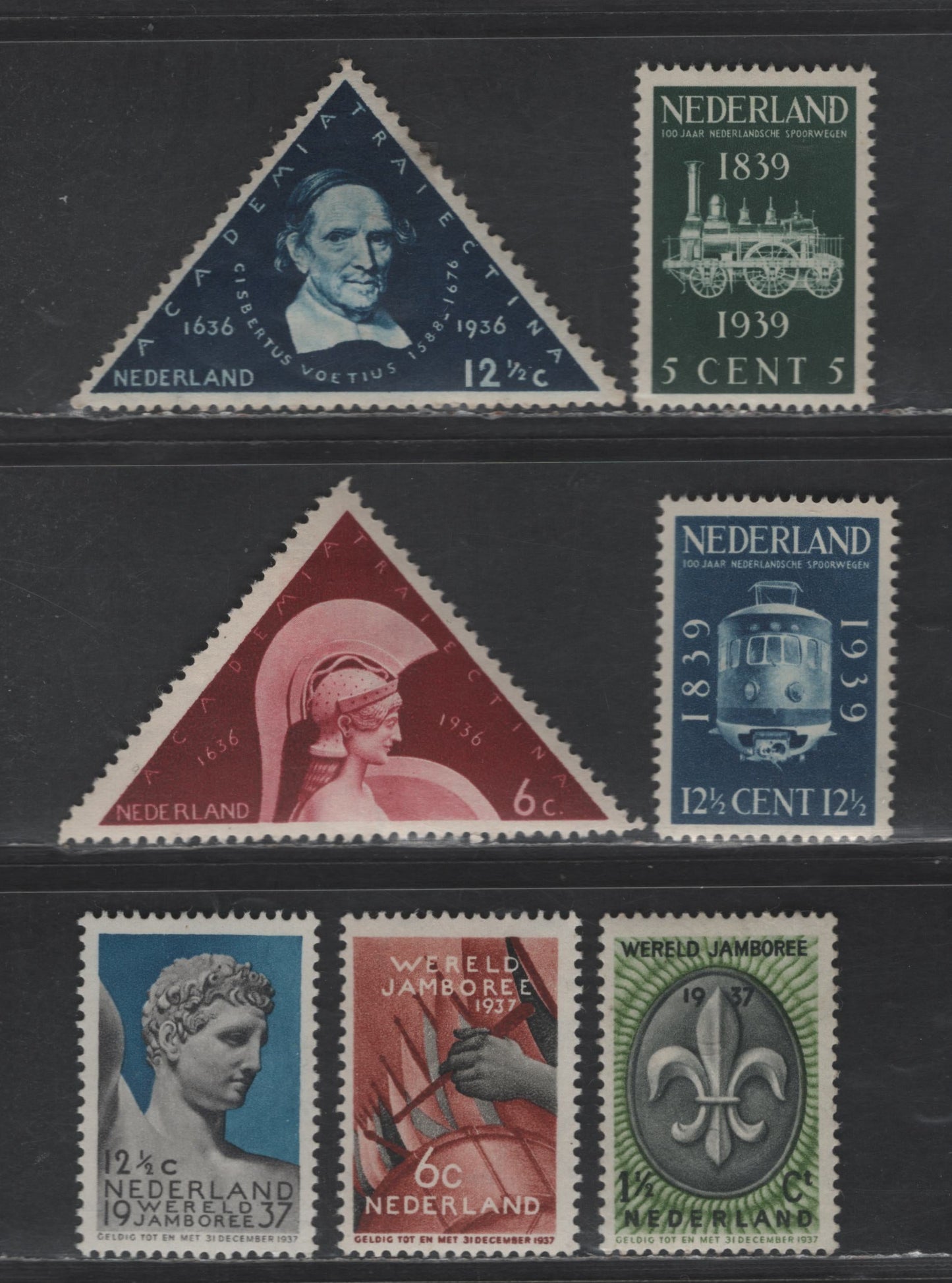 Lot 245 Netherlands SC#204-208, 214-215 6c - 12.5c Brown Lake - Dark Blue University At Utrecht - Dutch Railroads, 1936-1939 300th Anniv of Founding of University At Utrecht - Centenary Of Dutch Railroads Issues, 7 VFOG Singles