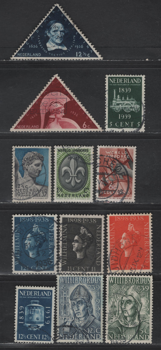 Lot 246 Netherlands SC#204-215 6c - 12.5c Brown Lake - Dark Blue University At Utrecht - Dutch Railroads, 1936-1939 300th Anniv of Founding of University At Utrecht - Centenary Of Dutch Railroads Issues, 12 Very Fine Used Singles
