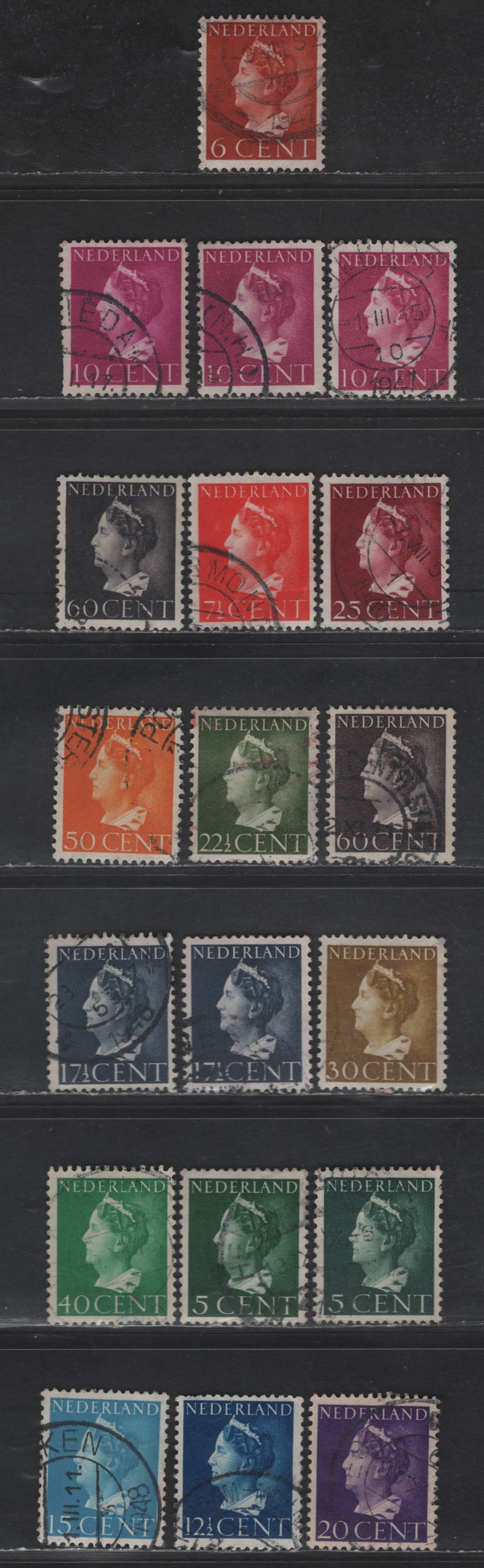 Netherlands SC#216-225B 5c - 60c Dark Green - Purple Brown Queen Wilhelmina, 1940-1947 Queen Wilhelmina Issue, 19 Fine/Very Fine Used Singles, Unlisted Shade Variations