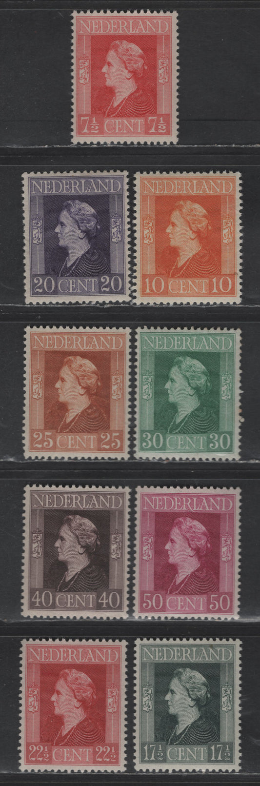 Lot 261 Netherlands SC#266-267, 270-276 7.5c - 50c Vermillion - Red Violet Queen Wilhelmina, 1944-1946 Bradbury-Wilkinson Pictorial Issue, 9 VFNH Singles