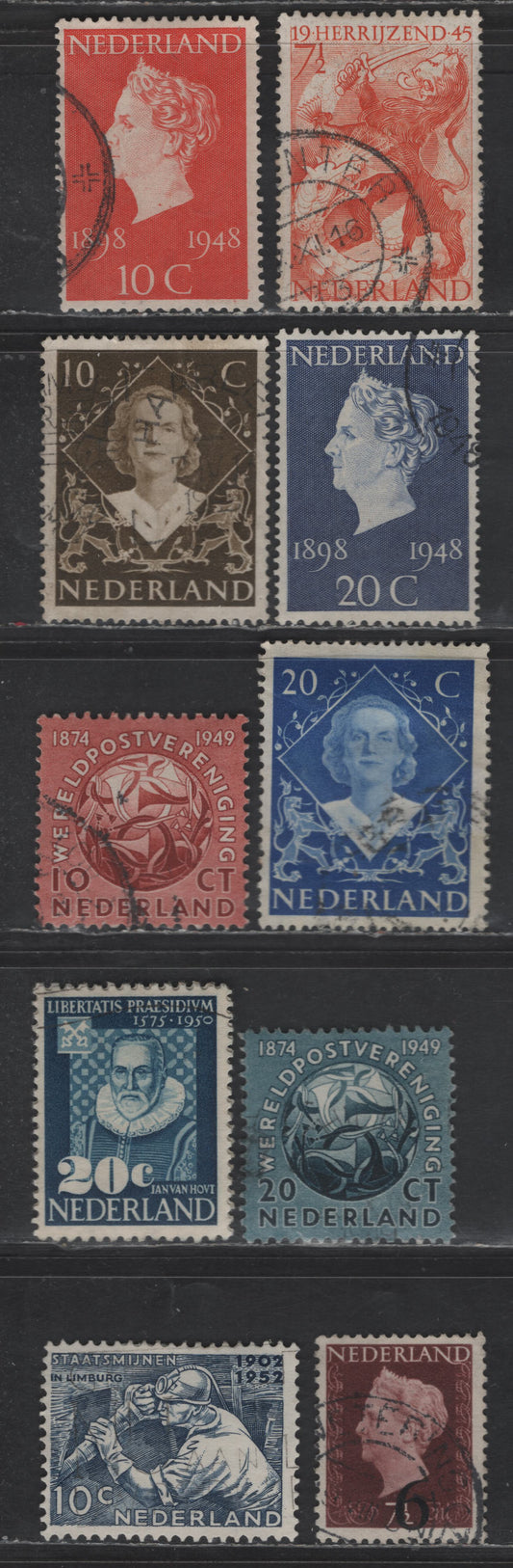 Netherlands SC#277, 302-305, 323-324, 328-334 7.5c - 10c Orange - Dark Blue Liberation - Mining & Chemicals, 1945-1952 Liberation - Mining & Chemicals Issues, 10 Very Fine Used Singles