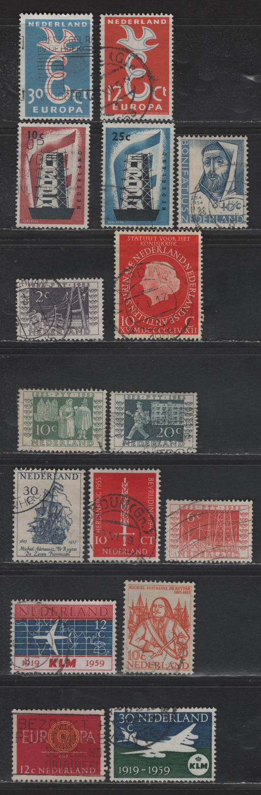 Lot 276 Netherlands SC#332-335, 365-371, 375-376, 381-382, 385 2c - 12c Gray Violet - Carmine Rose & Orange Postage Stamp Centenary - Europa, 1952-1960 Postage Stamp Centenary - Europa Issues, 16 Very Fine Used Singles