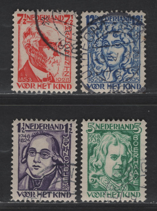 Lot 295 Netherlands SC#B33-B36 1.5c+1.5c - 12.5c+3.5c Violet - Ultramarine Jean Pierre Minckelers - Christian Huygens, 1928 Semi Postal Issue, 4 Very Fine Used Singles