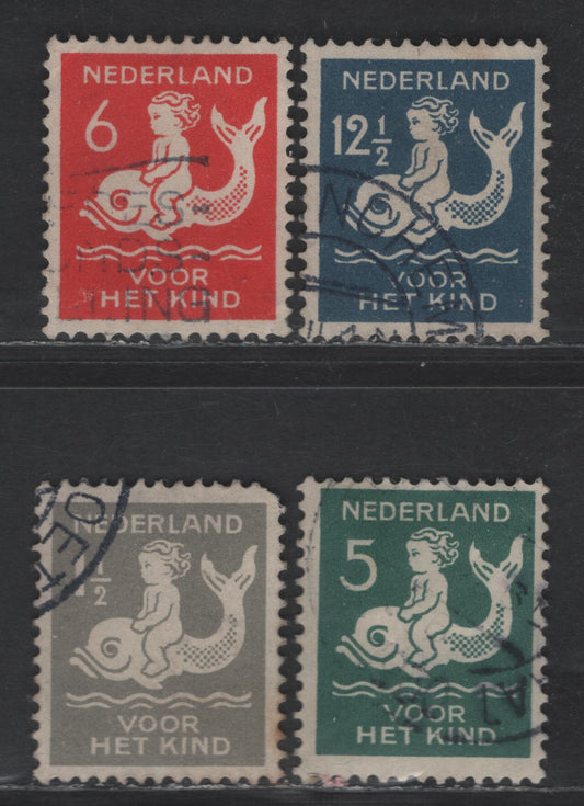 Lot 298 Netherlands SC#B37-B40 1.5c+1.5c - 12.5c+3.5c Gray - Dark Blue Child on Dolphin, 1929 Semi Postal Issue, 4 Very Fine Used Singles, 6c Has A Wrinkle