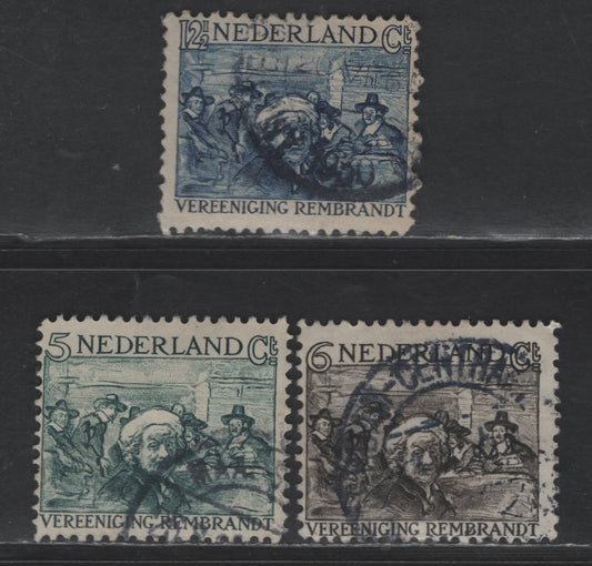 Lot 299 Netherlands SC#B41-B43 5c+5c - 12.5c+5c Blue Green - Deep Blue Rembrant & Cloth Merchants, 1930 Semi Postal Issue, 3 Fine/Very Fine Used SIngles