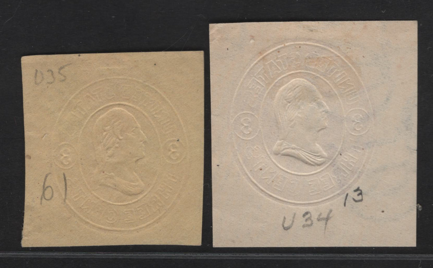 Lot 10 United States SC#U34-U35 3c Pink Washington, 1860-1861 Third Nesbitt Issue, 2 Very Fine Used Singles, White & Buff Papers, White Paper Having Clear Watermark