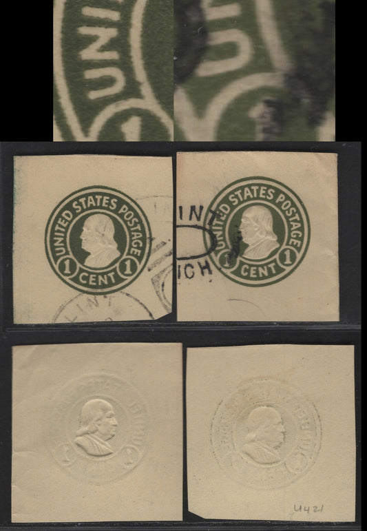 Lot 100 United States SC#U421-a 1c Green Franklin, 1915-1932 Heads Issue,  Very Fine Used Singles, Amber Dies 1 & 2, Showing Normal 'U' and Large 'U' in United