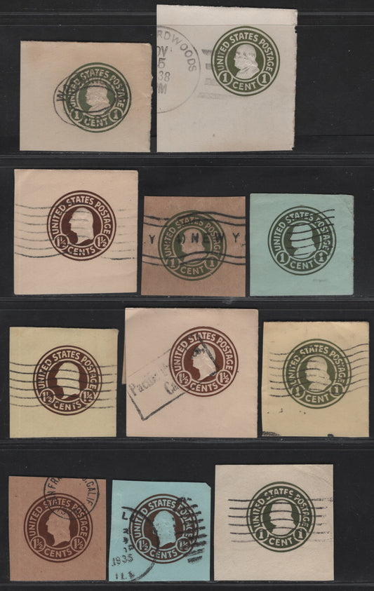 Lot 105 United States SC#U420-U421, U423, W425, U481-U483, W485 1c - 1.5c Green - Brown Franklin, 1915-1934 Heads Issue,  Very Fine Used Singles, Various Papers & Dies
