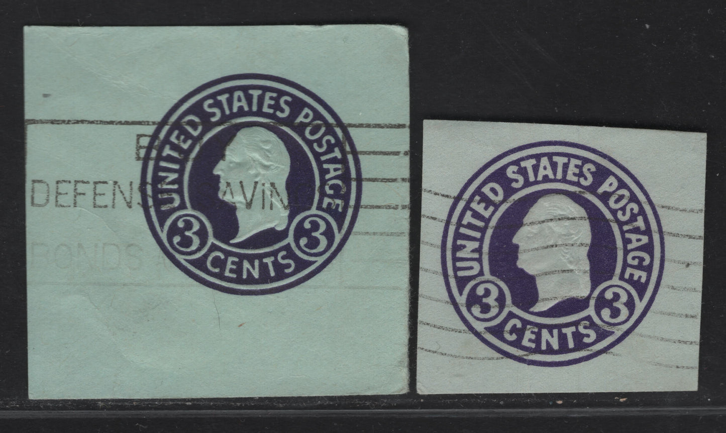 United States SC#U439d 3c Dark Violet Washington, 1915-1932 Heads Issue, 2 Fine/Very Fine Used Singles, Die 7 On Blue, Two Shades