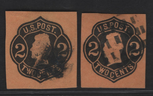 Lot 12 United States SC#U52 2c Black Jackson, 1863-1864 Third Nesbitt Issue, 2 Fine Used Singles, Orange & Pale Orange Paper
