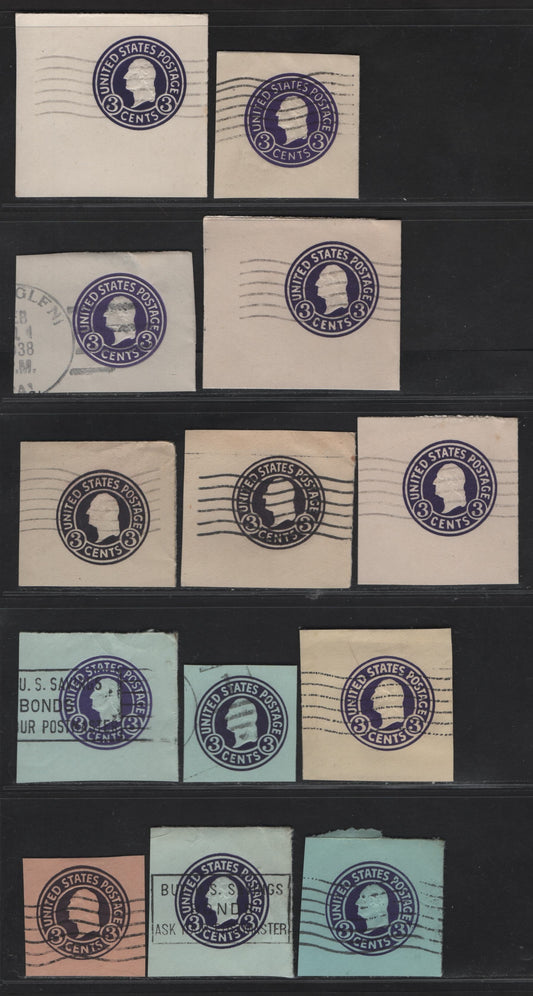 United States SC#U436b, U436c,f,e,d,a, U437a, U439,a,f 3c Dark Violet - Purple Washington, 1915-1932 Heads Issue,  Fine/Very Fine Used Singles, Various Papers & Dies