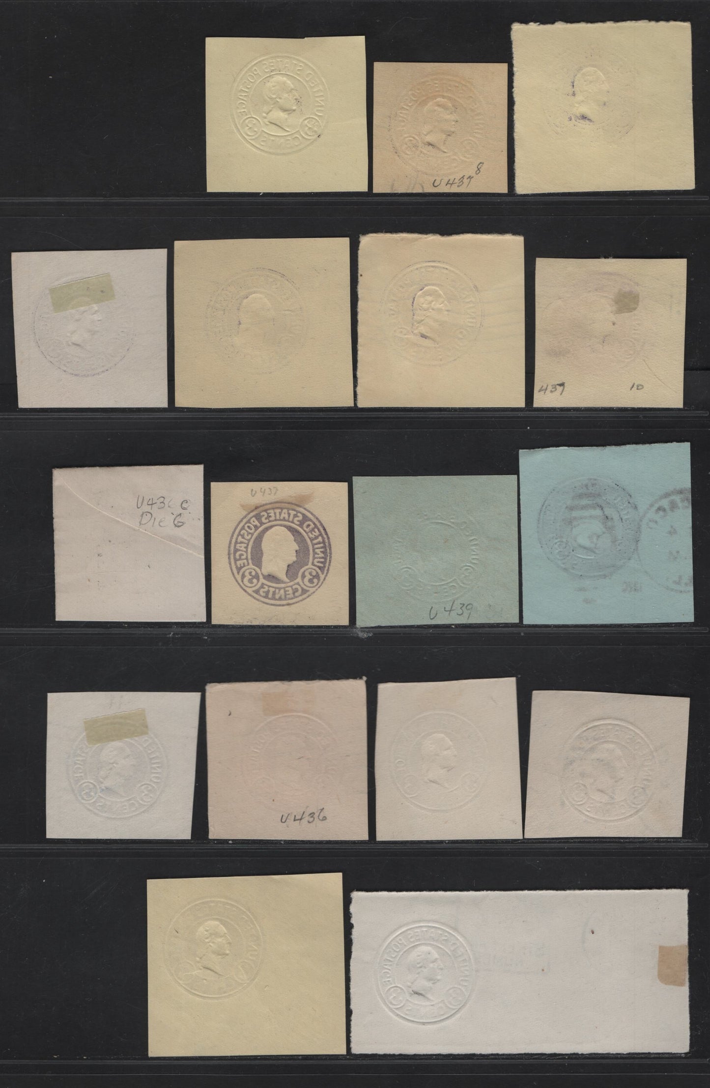 Lot 122 United States SC#U436,b,c,e,d,a, U437c,b,f,a, U439-a 3c Dark Violet - Purple Washington, 1915-1932 Heads Issue,  Very Fine Used Singles, Various Papers & Dies