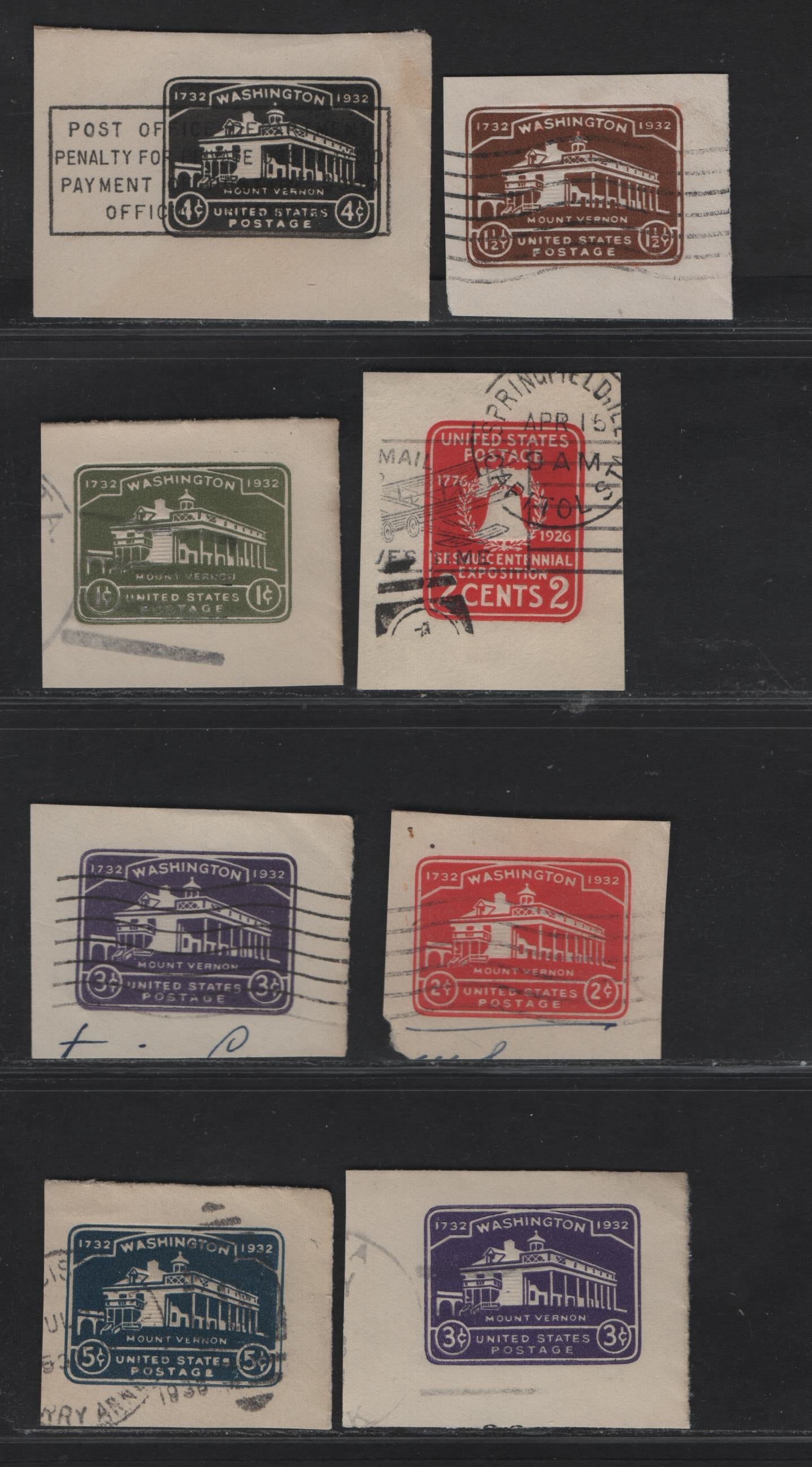 United States SC#U522-U528 2c - 5c Carmine - Dark Blue Liberty Bell - Washington, 1926-1932 Sesquicentennial - Washington Bicentennial issues,  Very Fine Used Singles