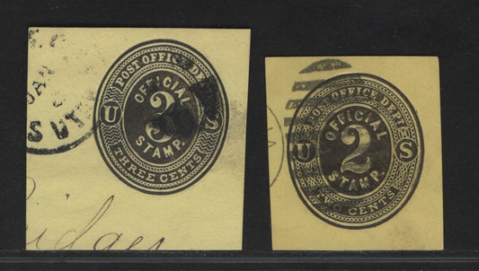 United States SC#U05, U07 3c Black Official, 1874-1879 Official Issues,  Very Fine Used Singles, Lemon Paper, 9.25mm Tall Numerals