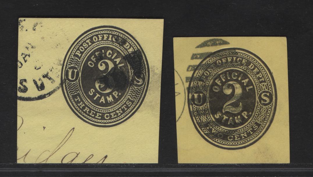 Lot 131 United States SC#U05, U07 3c Black Official, 1874-1879 Official Issues,  Very Fine Used Singles, Lemon Paper, 9.25mm Tall Numerals