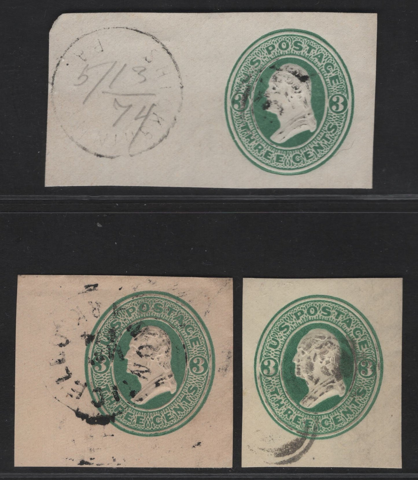 Lot 14 United States SC#U82-U84 3c Green Washington, 1870-1871 Sixth Nesbitt Issue, 3 Very Fine Used Singles, White, Amber & Cream Papers