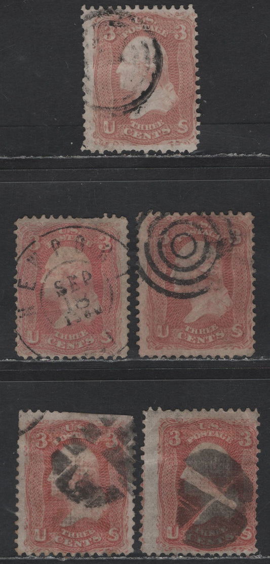 Lot 147 (C) United States Of America SC#94, 64, 65 3c Rose, Brownish Rose & Pink George Washington, 1861-1869 Civil War Issue, 5 Fair, VG & Fine Used Singles Pink Shade is Fine, Two F-Grills Are Fair, Rose & Brown Rose Are VG, One With A Corner Crease