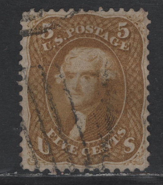 Lot 148 (C) United States Of America SC#67 5c Buff Thomas Jefferson, 1861-1869 Civil War Issue, A Fine Used Single One Perf Almost Detached At Top Leaving A Short Perf, But Beautiful Centering & Light Cancel, Elusive With This Colour