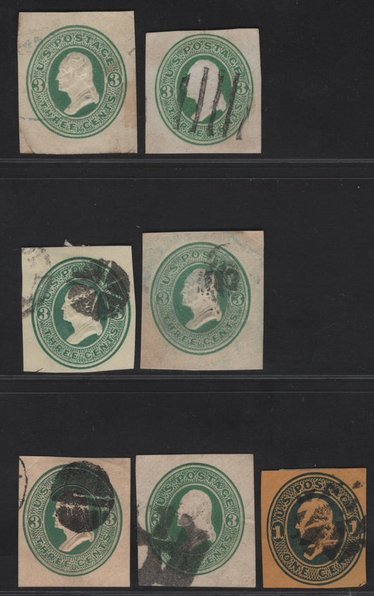 Lot 16 United States SC#U76, U82-U84 1c & 3c Dark Blue & Green Franklin - Washington, 1870-1871 Sixth Nesbitt Issue, 4 Fine Used Singles, Orange, White, Amber & Cream Papers