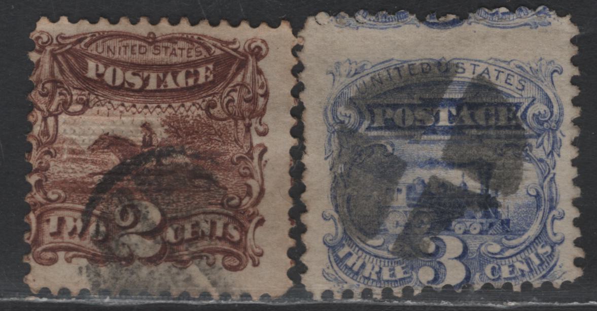 Lot 161 (C) United States Of America SC#113-114 2c & 3c Brown & Ultramarine Post Horse & Rider And Locomotive, 1869 Pictorial Issue, 2 VG Used Singles