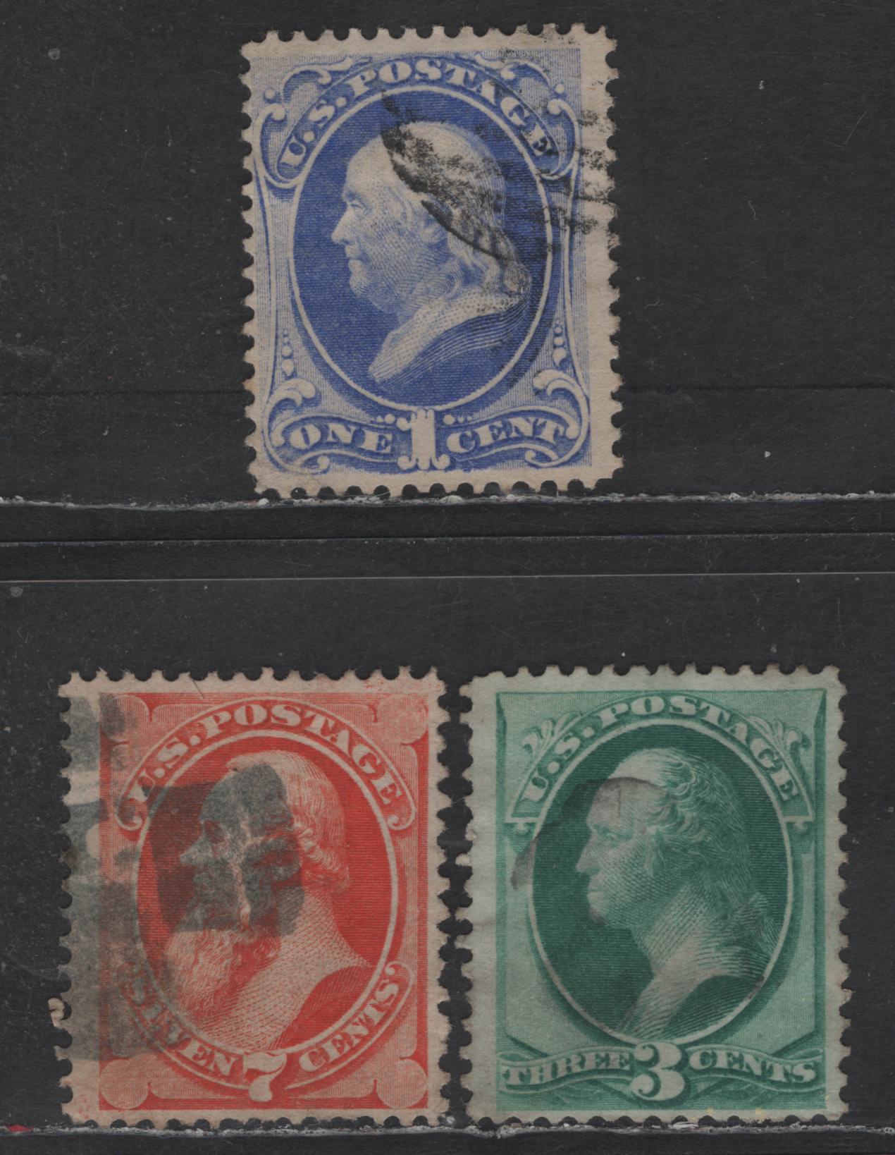 Lot 169 (C) United States Of America SC#145, 147, 149 1c, 3c, 7c Ultramarine, Green & Vermilion Franklin, Washington & Stanton, 1870-1871 National Bank Note Large Banknote Issue, 3 Fine Used Singles