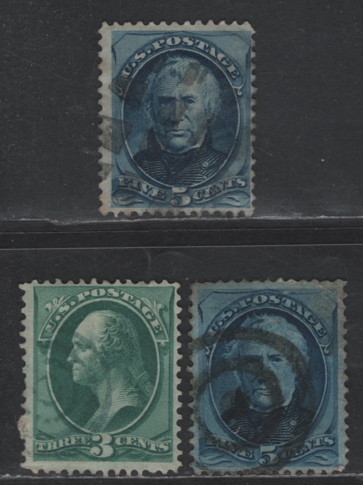 Lot 177 United States Of America SC#158, 179 3c, 5c Green & Blue Washinton & Taylor, 1873-1879 Continental Bank Note Large Banknote Issue, 3 Fine Used Singles One 5c With Shallow Thin