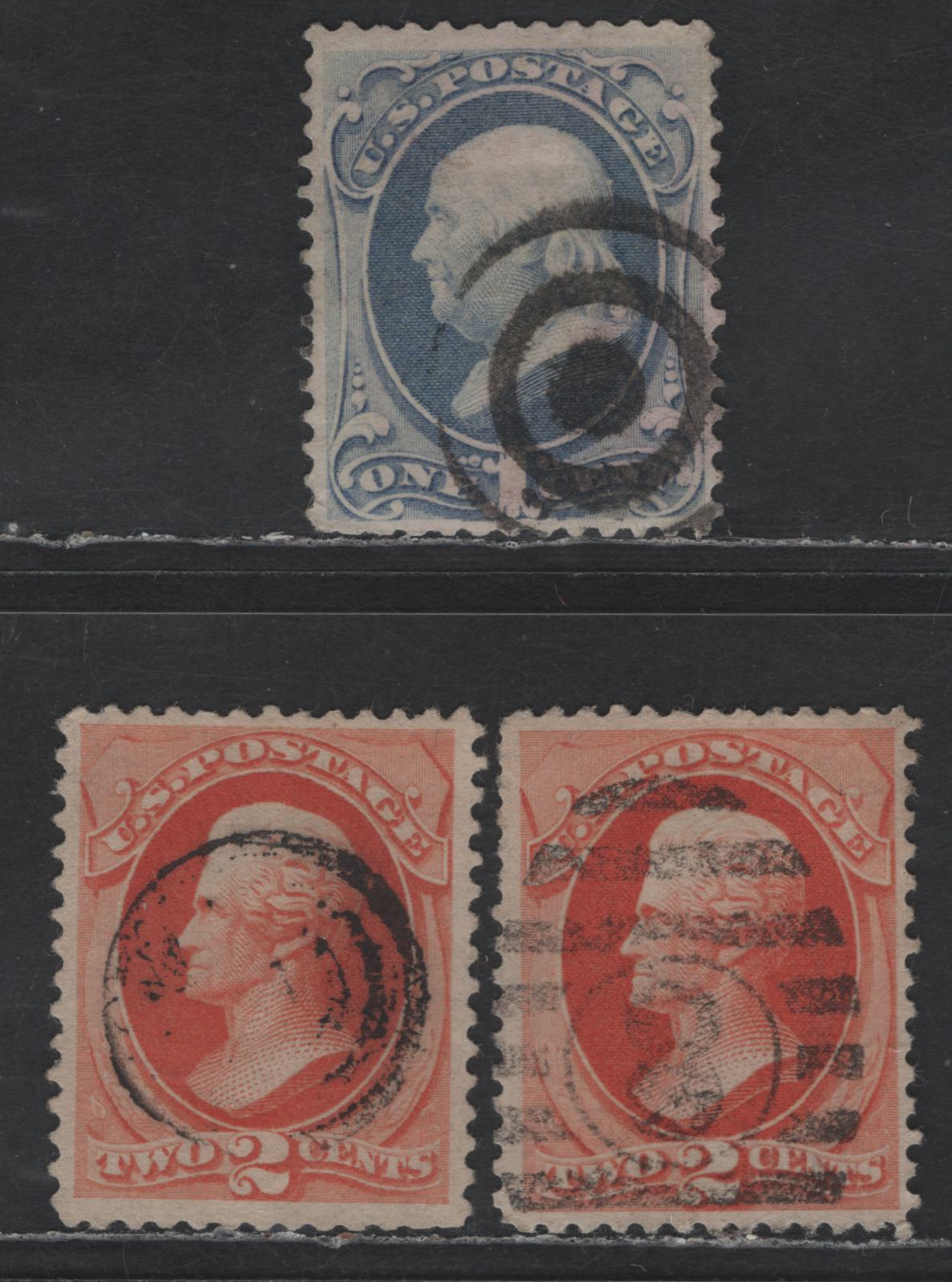 Lot 182 United States Of America SC#182-183 1c-2c Ultramarine & Vermilion Franklin & Jackson, 1879-1882 American Bank Note Large Banknote Issue, 3 Fine & VF Used Singles