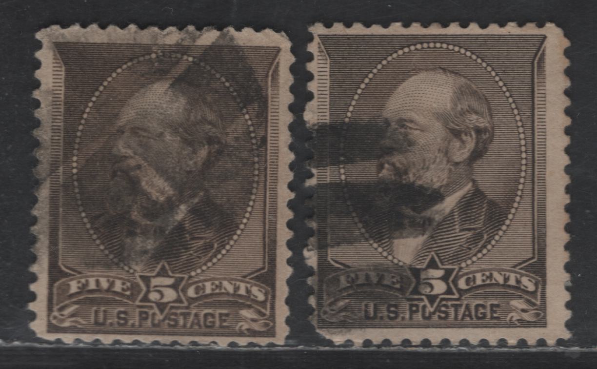 United States Of America SC#205 5c Brown & Grey Brown James Garfield, 1879-1882 American Bank Note Large Banknote Issue, 2 Fine Used Singles