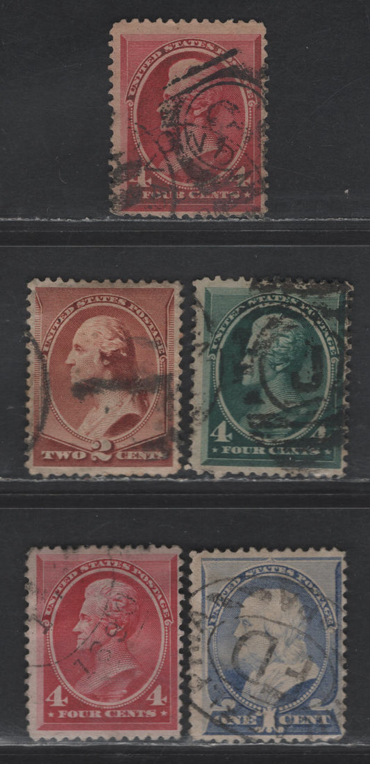 Lot 194 (C) United States Of America SC#212, 215, 210-211 1c, 2c, 4c Ultramarine - Carmine Frankin - Jackson, 1881-1883 Re-Engraved & New Design Large Banknote Issue, 4 VG , Fine & VF Used Singles Two Shades Of 4c Carmine