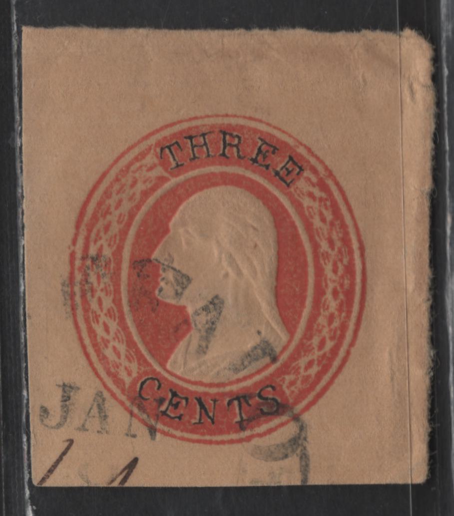 United States SC#U2 3c Red Washington, 1853-1855 Nesbitt Issue, A Very Fine Used Single, Buff Paper, Letters Drawn In In Pen, 13mm Wide Lavel Curved Ends