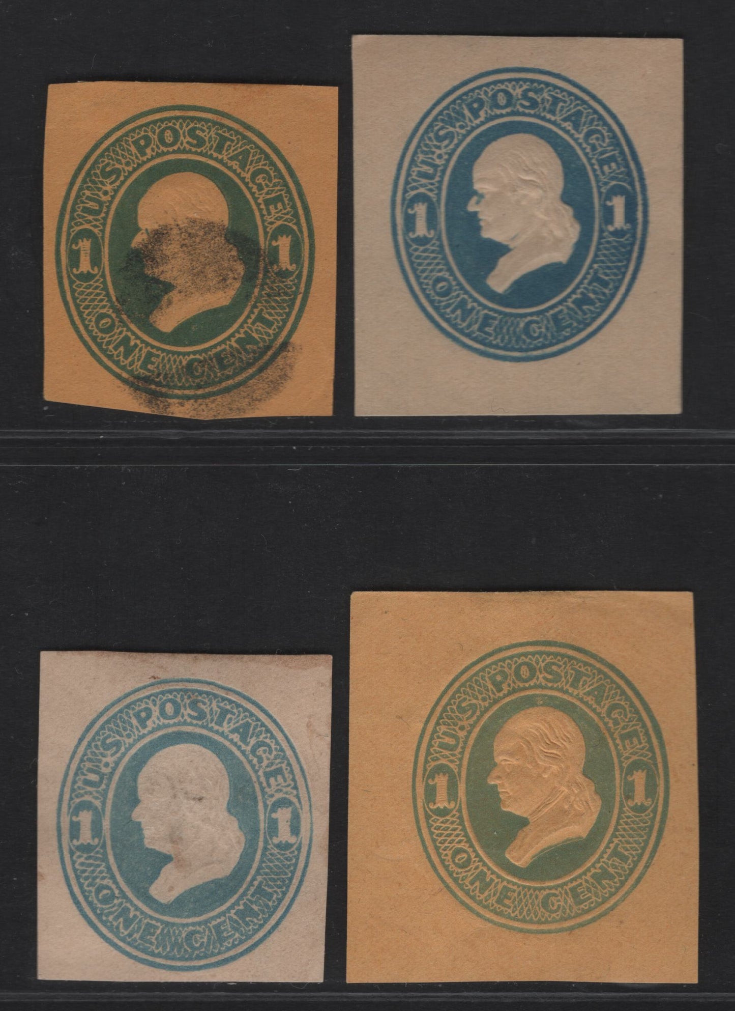 Lot 22 United States SC#U115-U116, U119 1c Blue & Light Blue Washington, 1874-1886 Seventh Nesbitt Issue, 4 Fine/Very Fine Unused Singles, Cream, Orange & Manila Papers