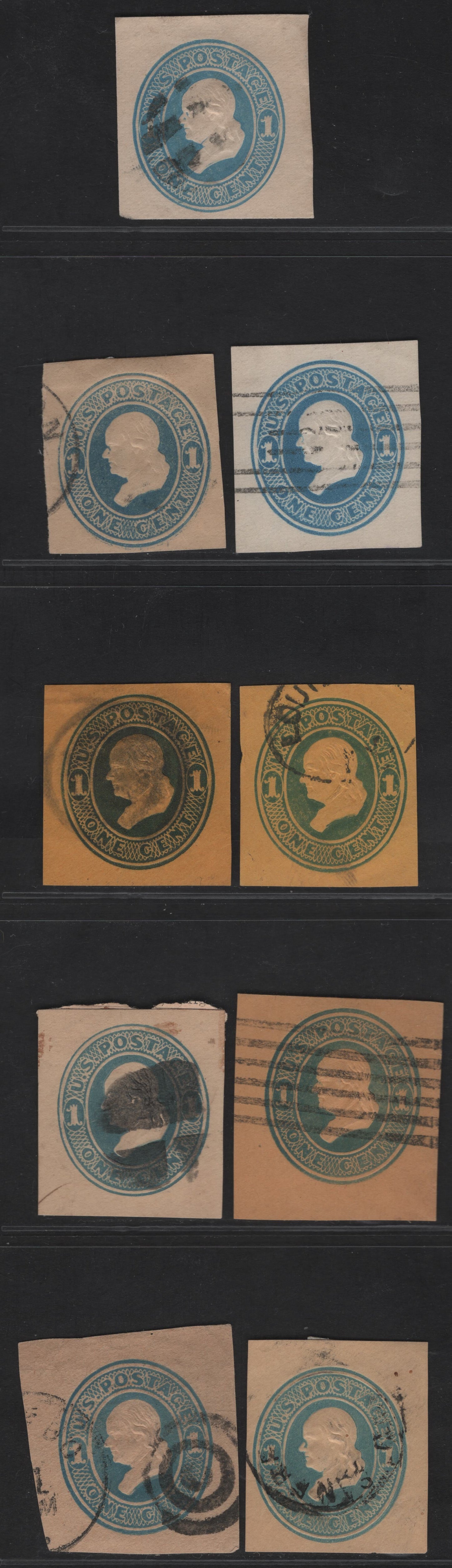 United States SC#U113-U116A, U118-U119, W120 1c Blue & Dark Blue Washington, 1874-1886 Seventh Nesbitt Issue, 8 Fine Used Singles, White, Cream, Orange, Fawn & Manilla Papers, Wrapper On Manilla