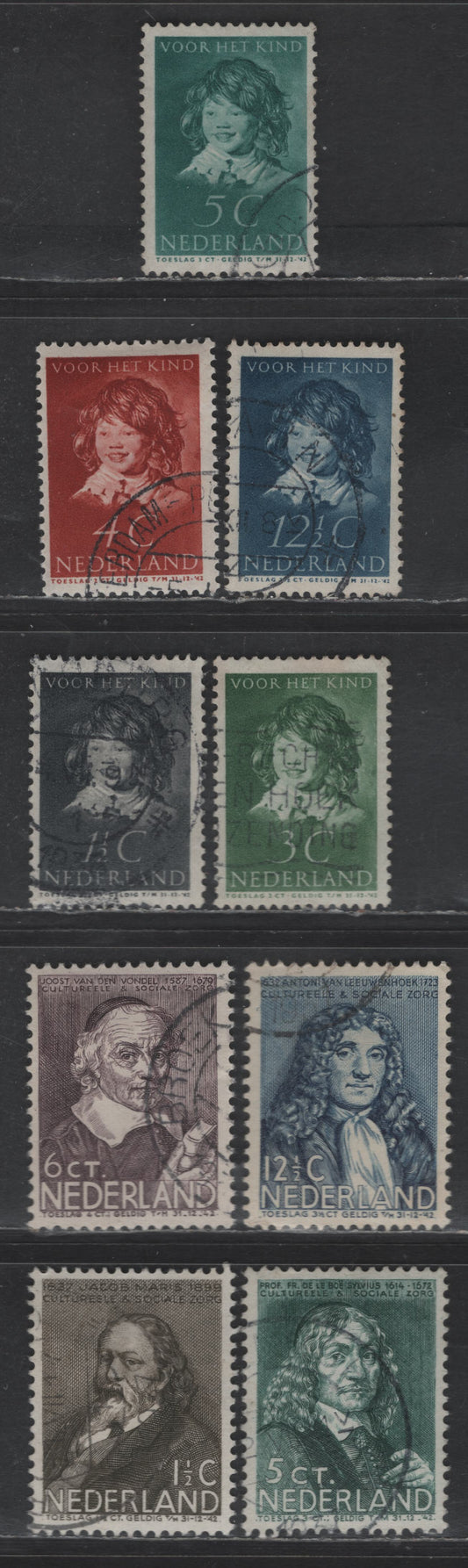 Netherlands SC#B94-B102 1.5c+1.5c - 12.5c+3.5c Black Brown - Dull Blue Jacob Marris - The Laughing Child, 1937 Semi Postal Issue, 9 Very Fine Used Singles