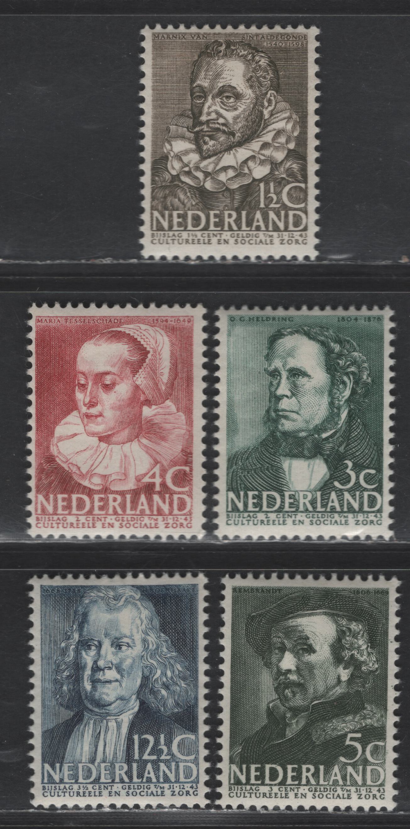 Netherlands SC#B103-B107 1.5c+1.5c - 12.5c+3.5c Sepia - Dull Blue Marnix van Sint Aldegonde - Harmenszoon Rembrant Van Rijn, 1938 Semi Postal Issue, 5 VFOG Singles