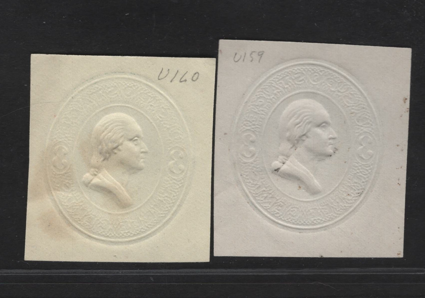 Lot 31 United States SC#U159-U160 3c Green Taylor, 1874-1886 Plimpton Issue, 2 Very Fine Used Singles, White & Amber Papers, Long, Thin 3's