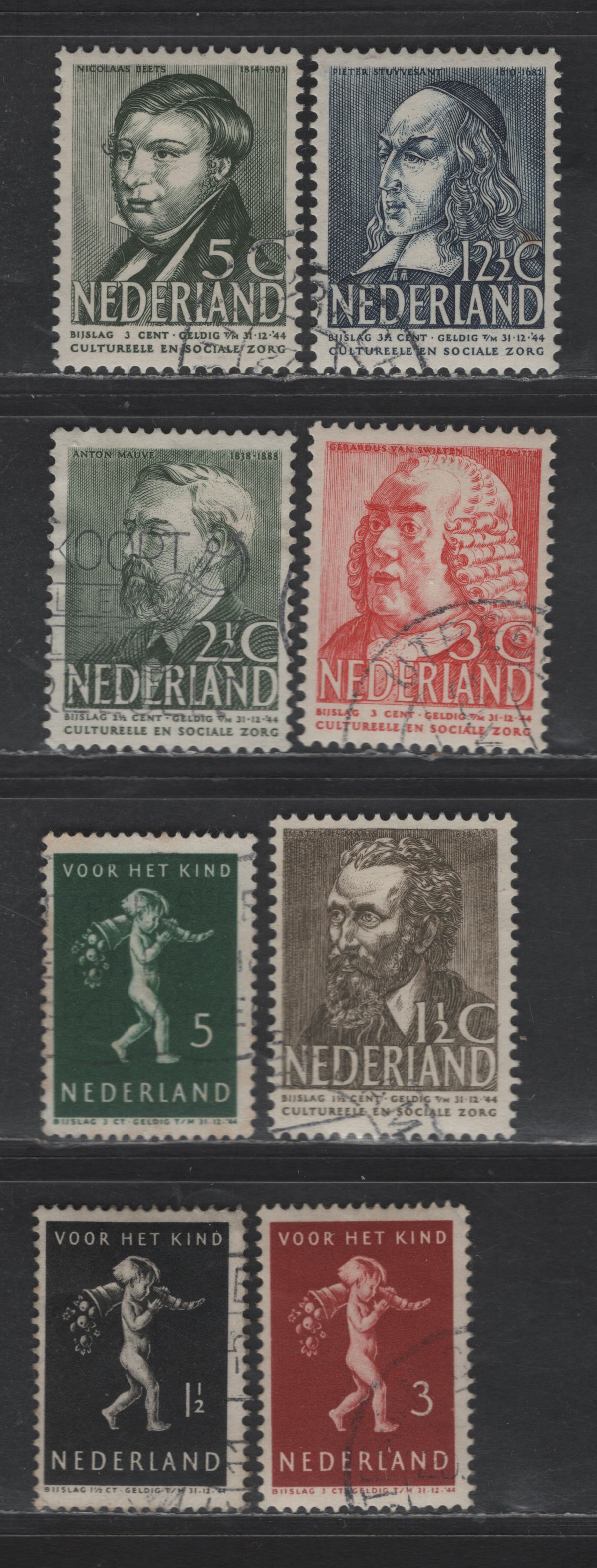 Netherlands SC#B113-B117, B118, B120-B121 1.5c+1.5c - 12.5c+3.5c Sepia - Dark Blue Matthijs Maris - Child Carrying Cornucopia, 1938 Semi Postal Issue, 8 Very Fine Used Singles