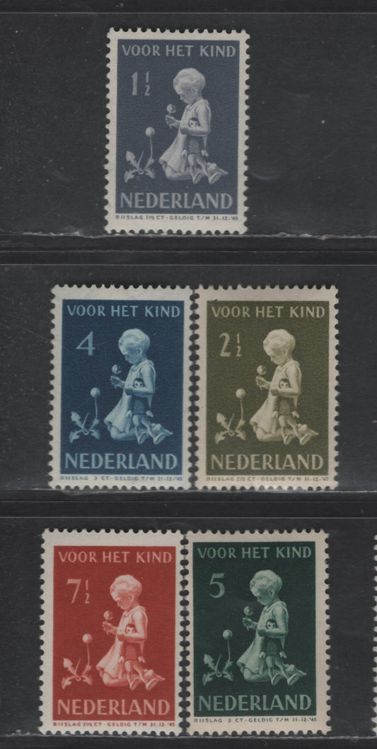 Netherlands SC#B129-B133 1.5c+1.5c - 7.5c+3.5c Dull Blue Gray - Henna Child With Flowers & Doll, 1940 Semi Postal Issue, 6 VFNH/OG Singles